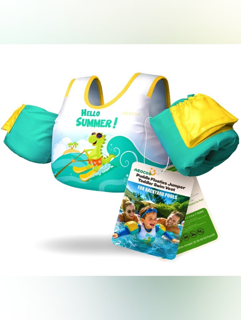 Kids Swim Float Vest - White & Teal "Hello Summer"